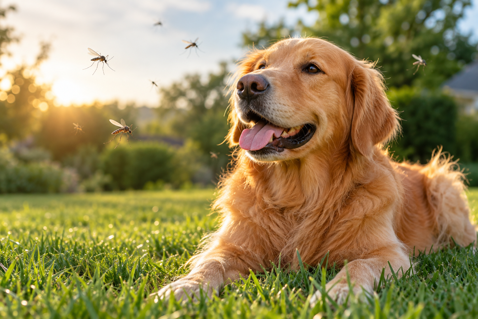 Golden retriever in a yard with mosquitoes representing pet-conscious mosquito control