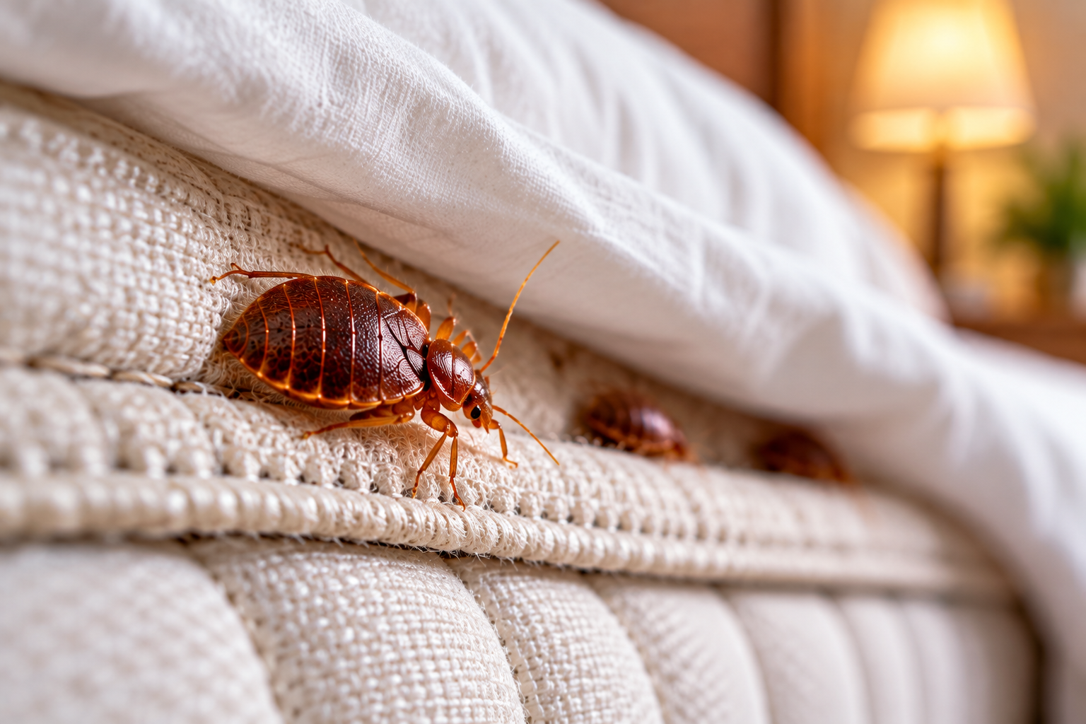Bed bug hiding along a mattress seam