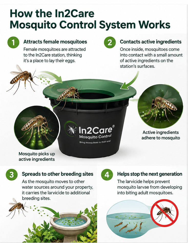 Illustrated guide showing how the In2Care mosquito control system works